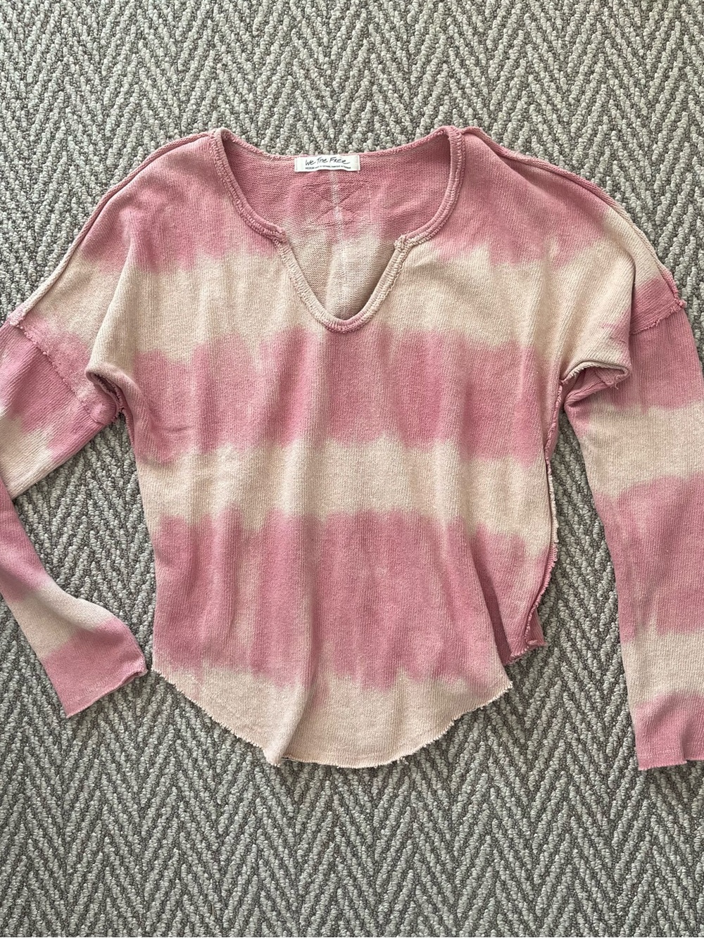Free People Pink and Cream Striped V-Neck Long Sleeve Top